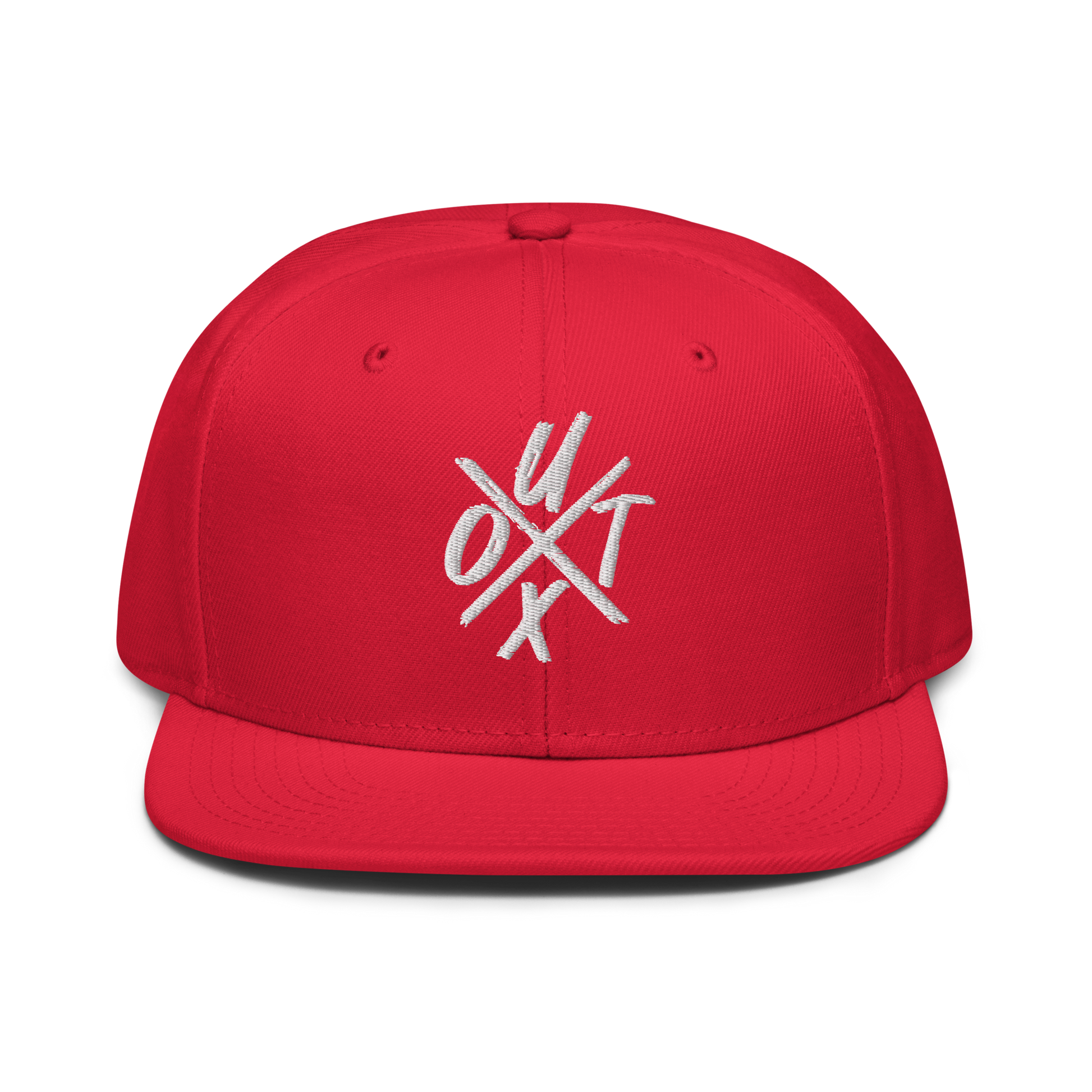 Front view of a red bitcoin snapback hat.