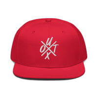 Front view of a red bitcoin snapback hat.