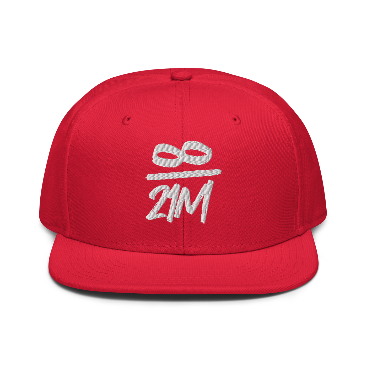 Infinity / 21M bitcoin snapback hat in Red, front view.