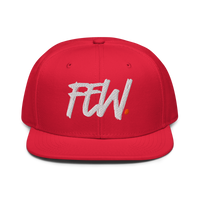 Few. bitcoin snapback hat in Red, front view.