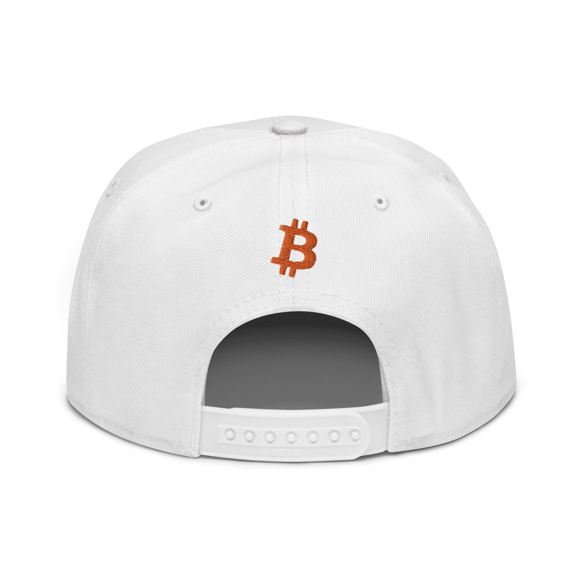 Back view of a white bitcoin snapback hat.