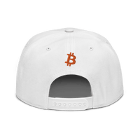 Black Bitcoin snapback hat with "Emergency Exit" embroidered in yellow, flat visor, and grey under visor