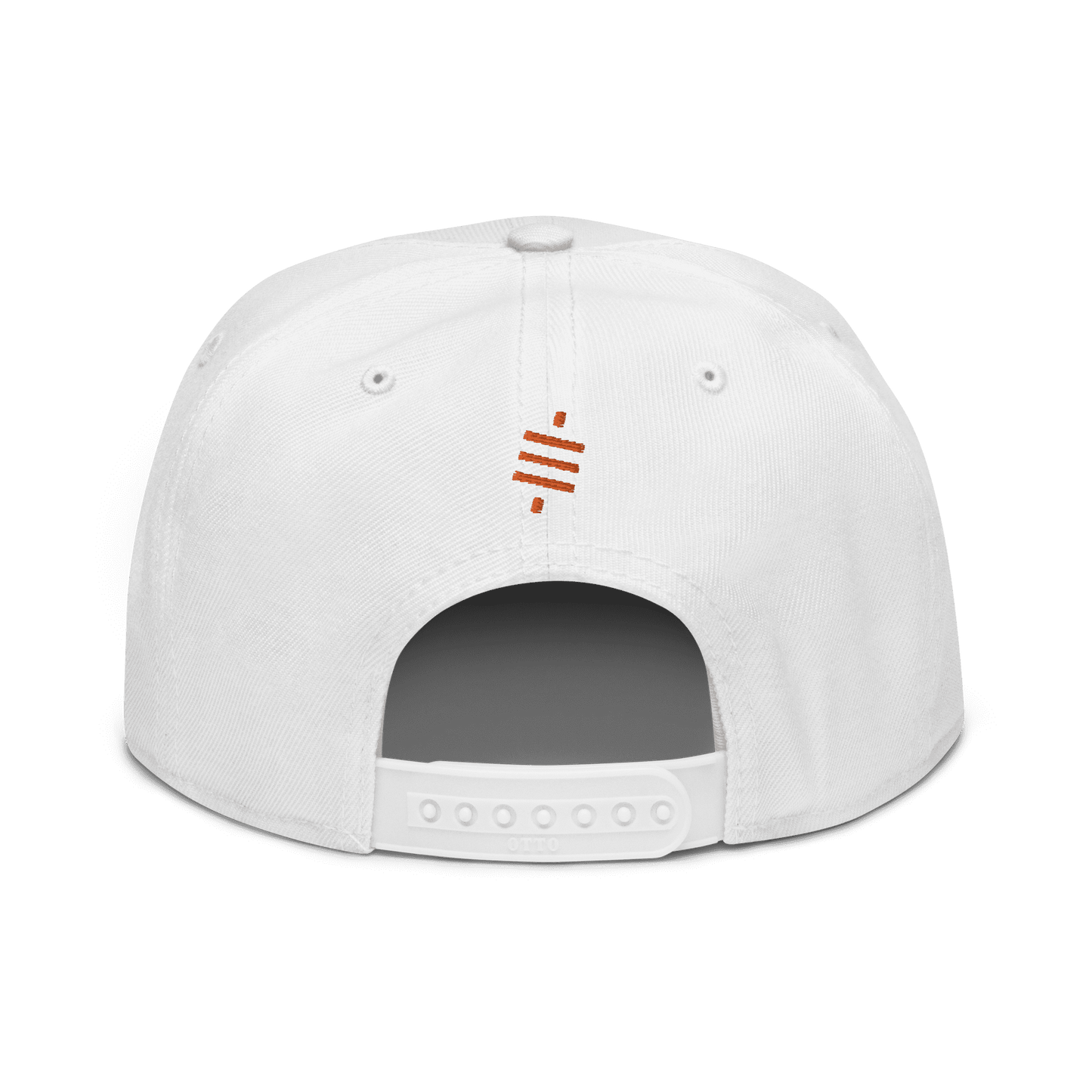 Back view of a white bitcoin snapback hat.