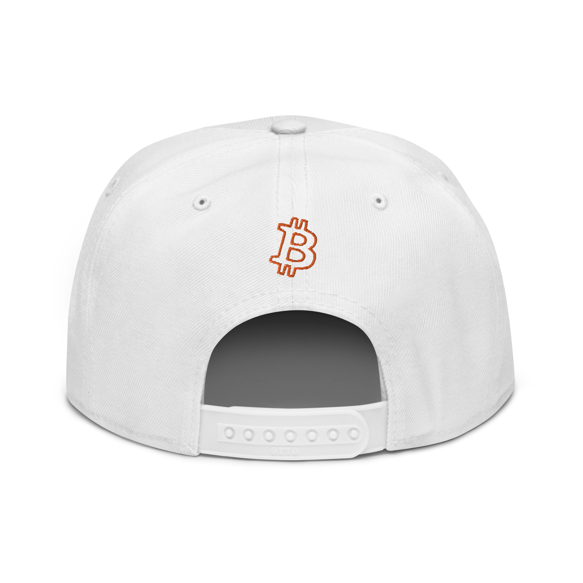 Back view of a white bitcoin snapback hat.