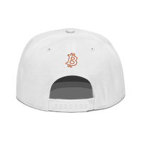 Back view of a white bitcoin snapback hat.