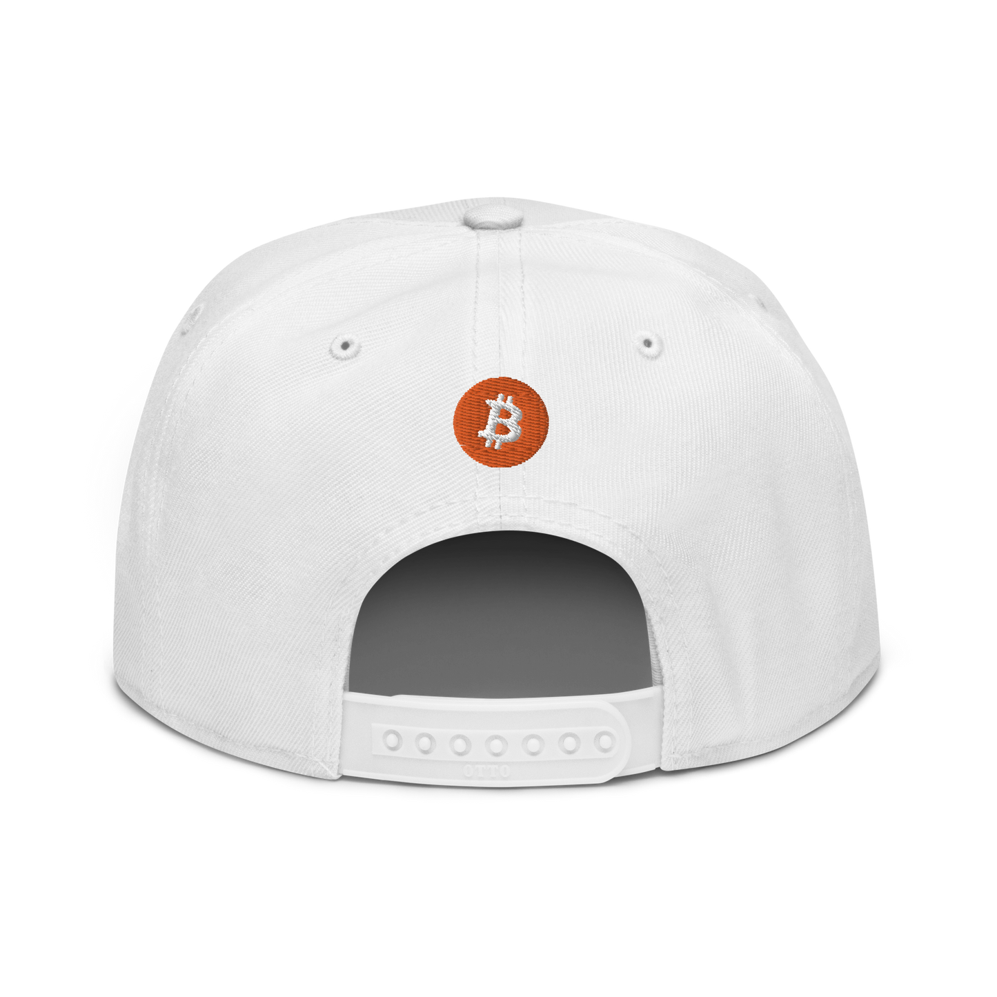 Back view of a white bitcoin snapback hat.