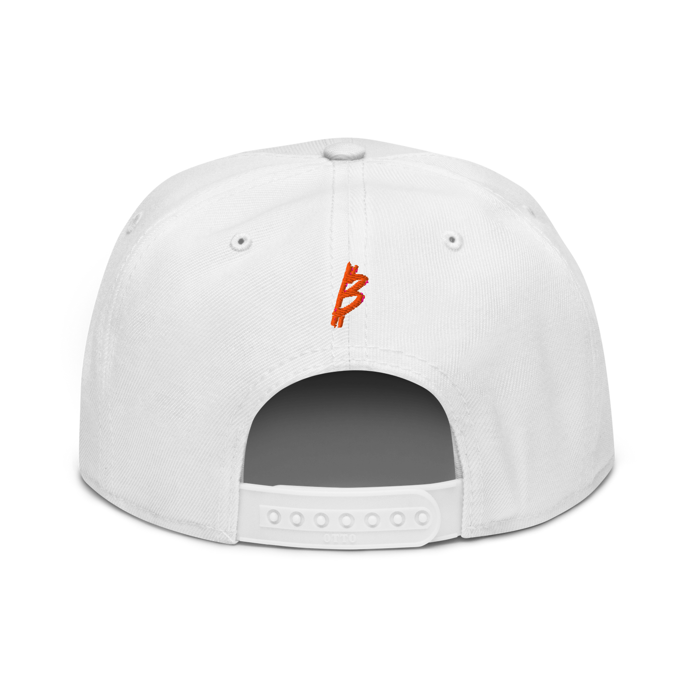 21 Rebel bitcoin snapback hat in White, back view.