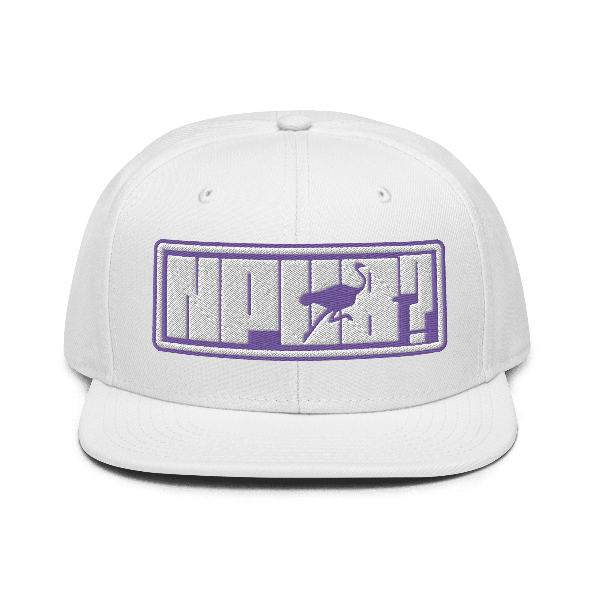 Front view of a white nostr snapback hat.