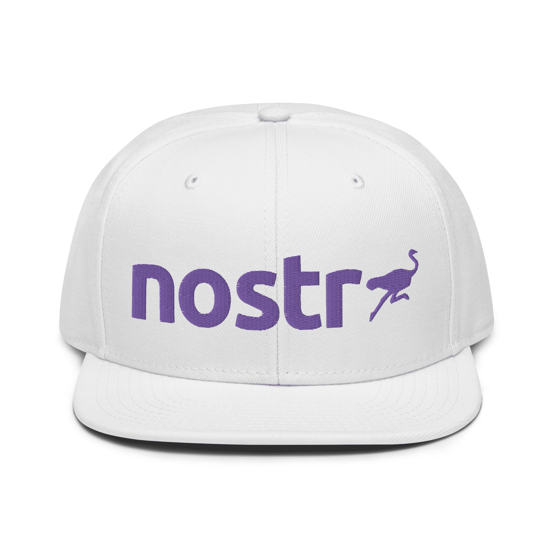 Front view of a white nostr snapback hat.