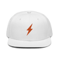 Front view of a white bitcoin snapback hat.