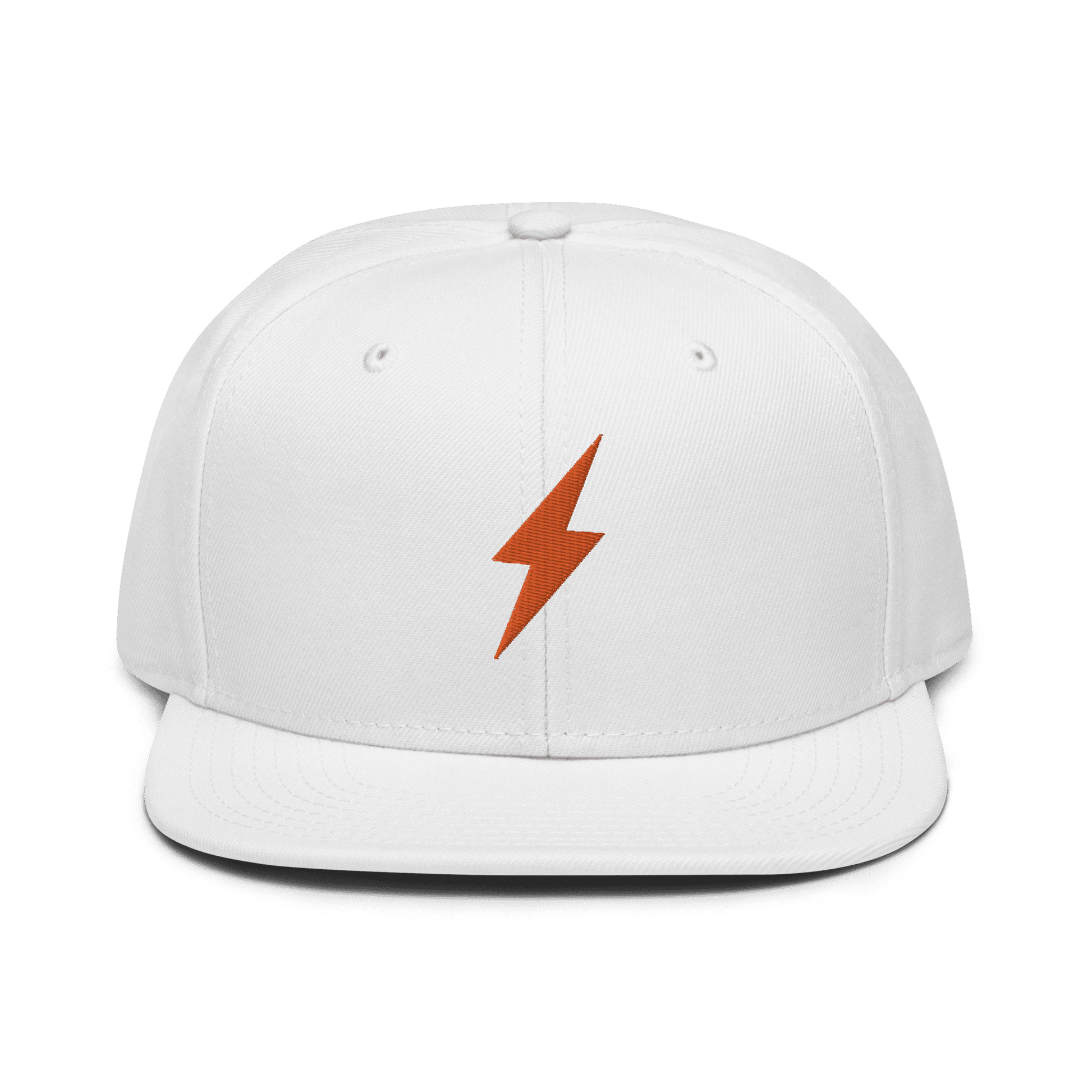 Front view of a white bitcoin snapback hat.