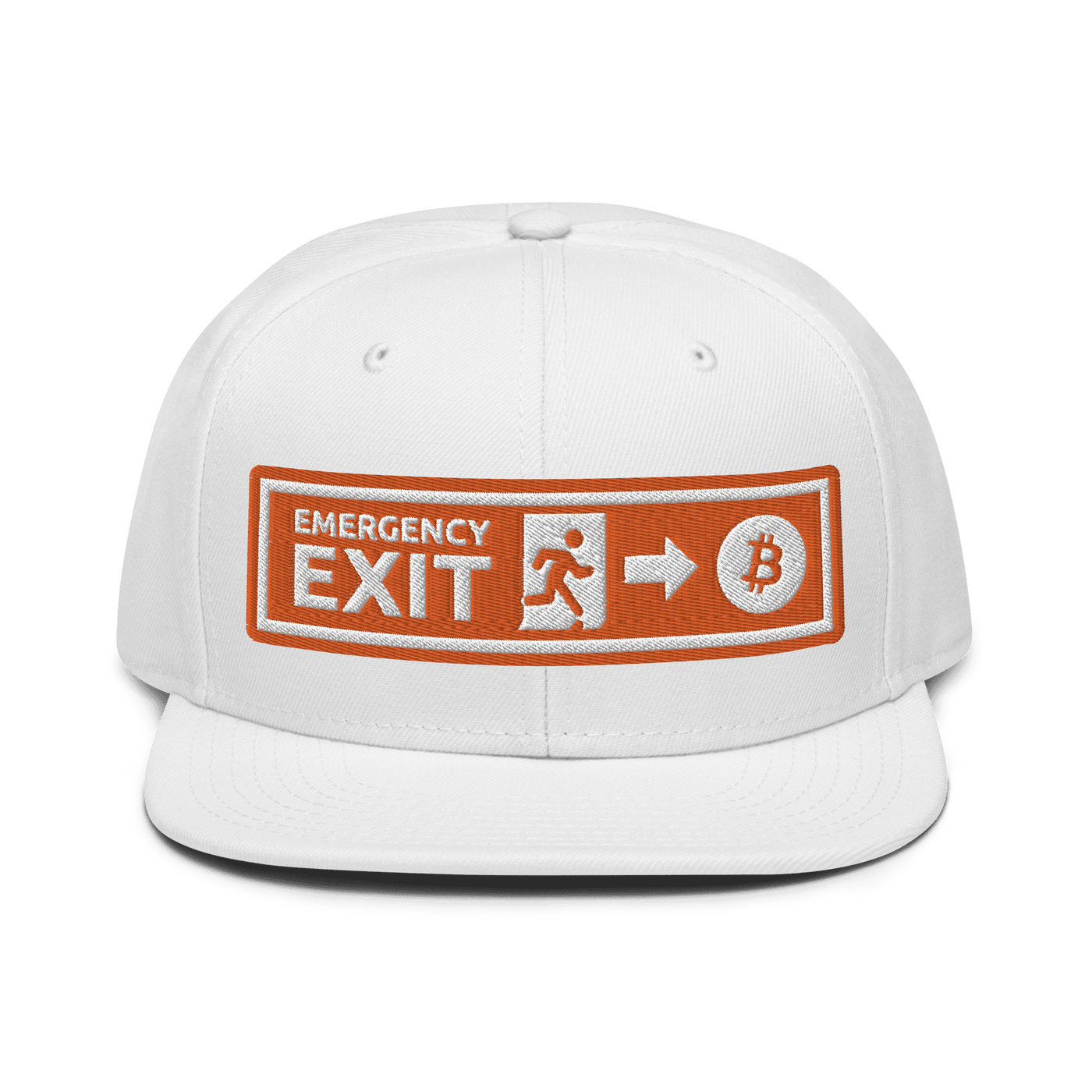 Black Bitcoin snapback hat with "Emergency Exit" text and flat grey under visor