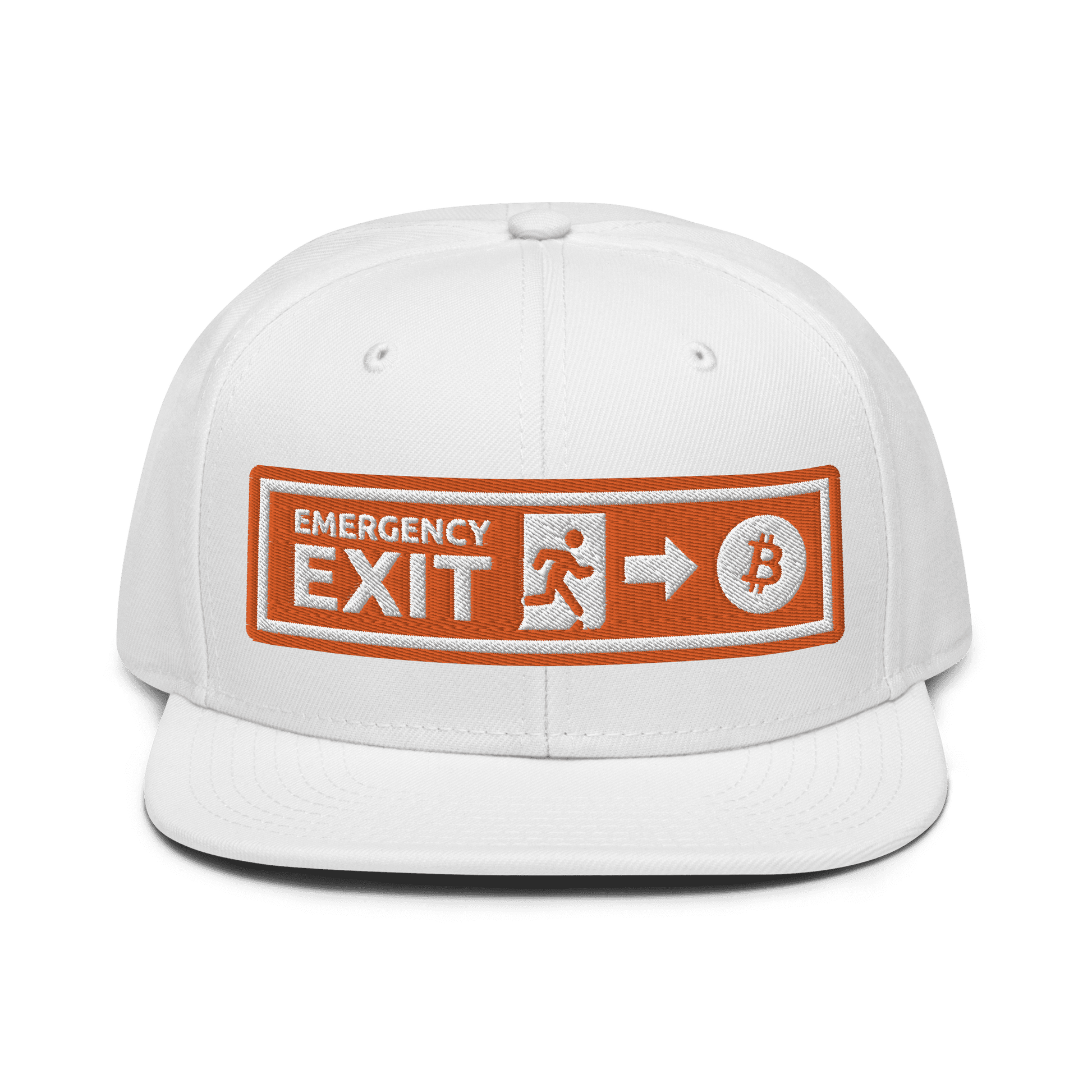 Front view of a white bitcoin snapback hat.