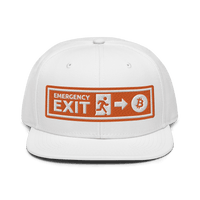 Black Bitcoin snapback hat with "Emergency Exit" text and flat grey under visor