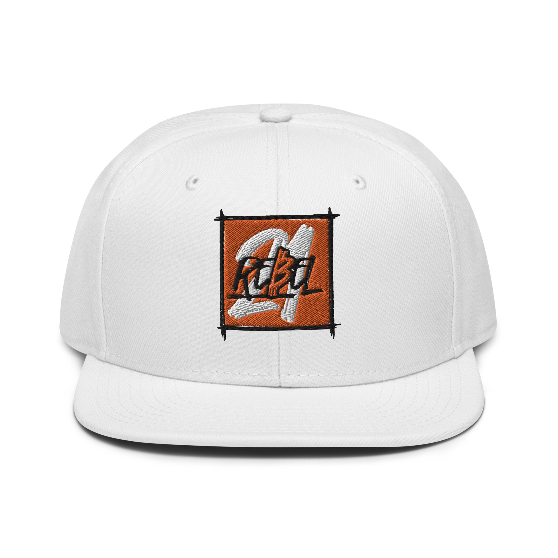 Front view of a white bitcoin snapback hat.