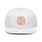 Front view of a white bitcoin snapback hat.