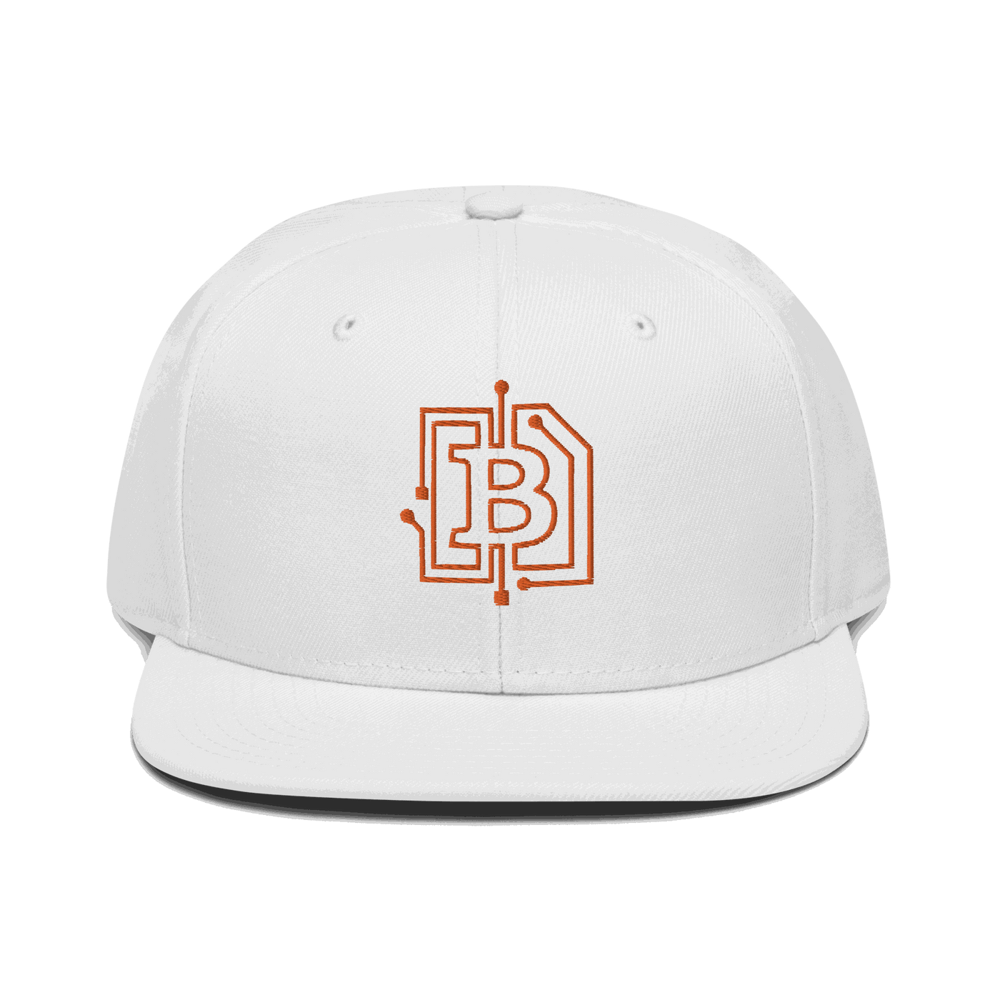 Front view of a white bitcoin snapback hat.
