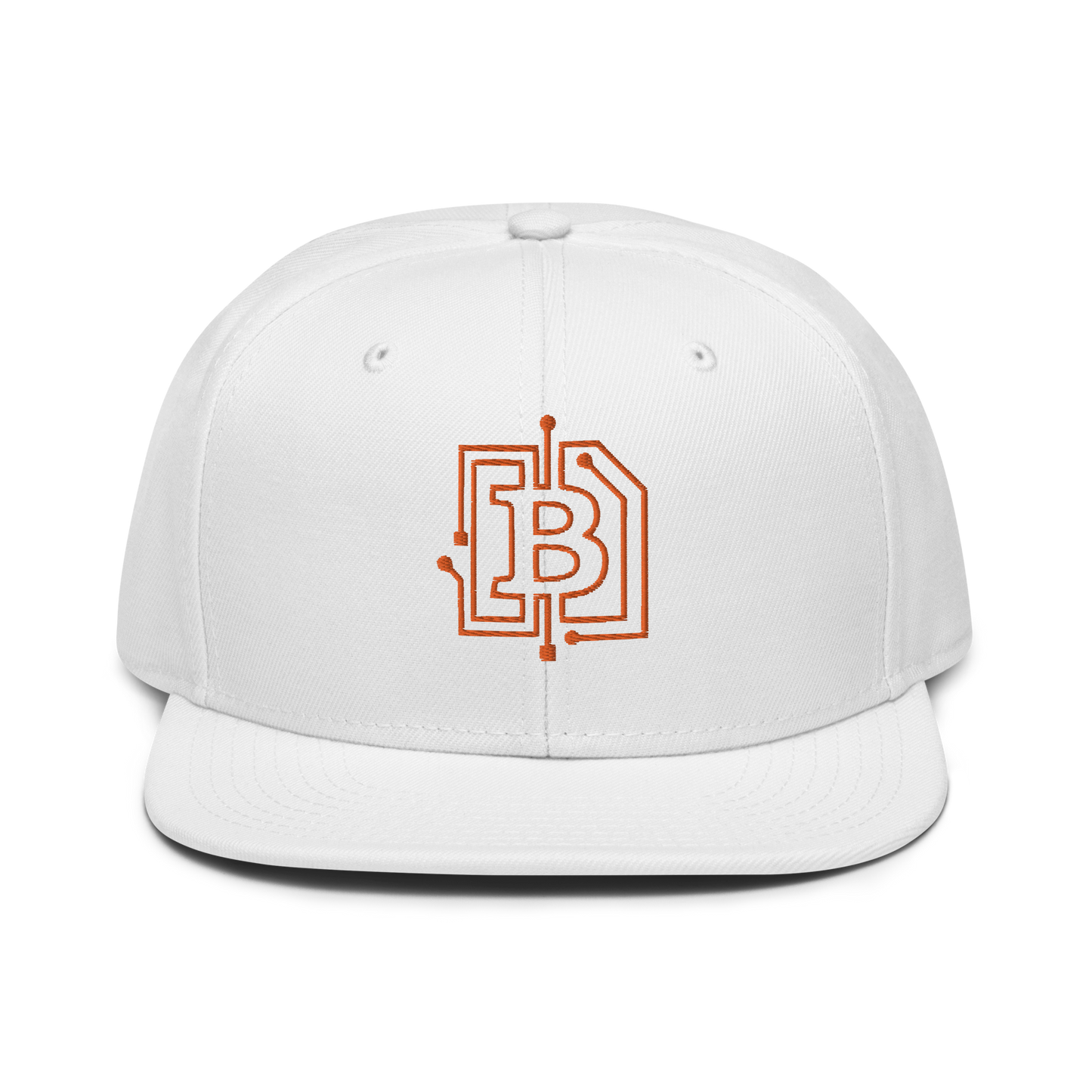 Front view of a white bitcoin snapback hat.