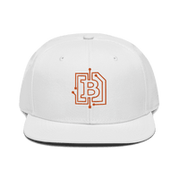Front view of a white bitcoin snapback hat.