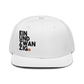 Front view of a white bitcoin snapback hat.