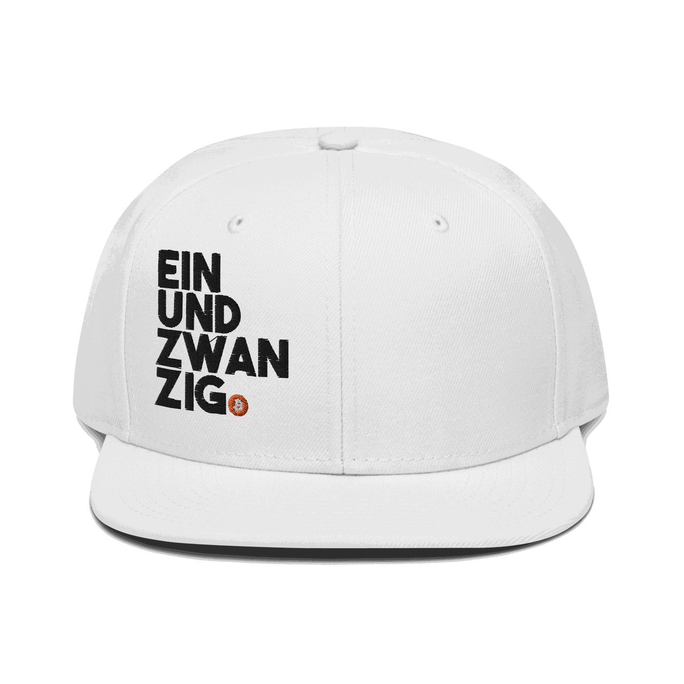 Black Einundzwanzig Bitcoin snapback hat with yellow logo and flat grey under visor