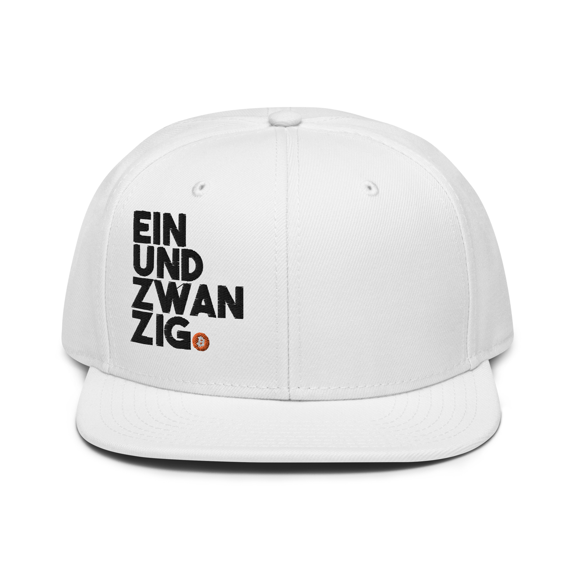 Front view of a white bitcoin snapback hat.