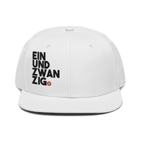 Black Einundzwanzig Bitcoin snapback hat with yellow logo and flat grey under visor