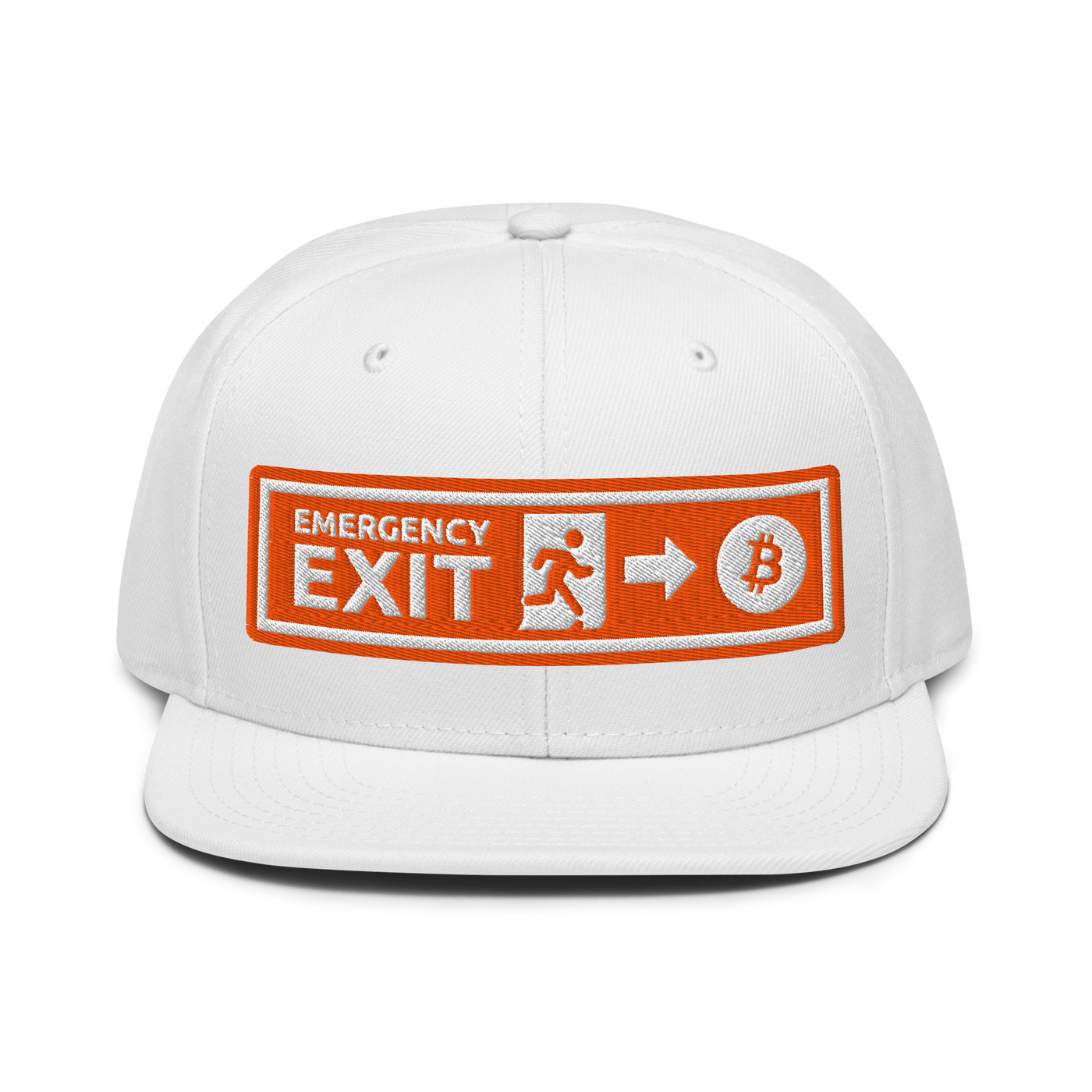 Emergency Exit bitcoin snapback hat in White, front view.