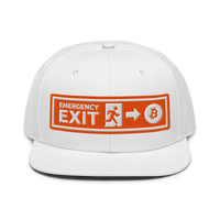 Emergency Exit bitcoin snapback hat in White, front view.