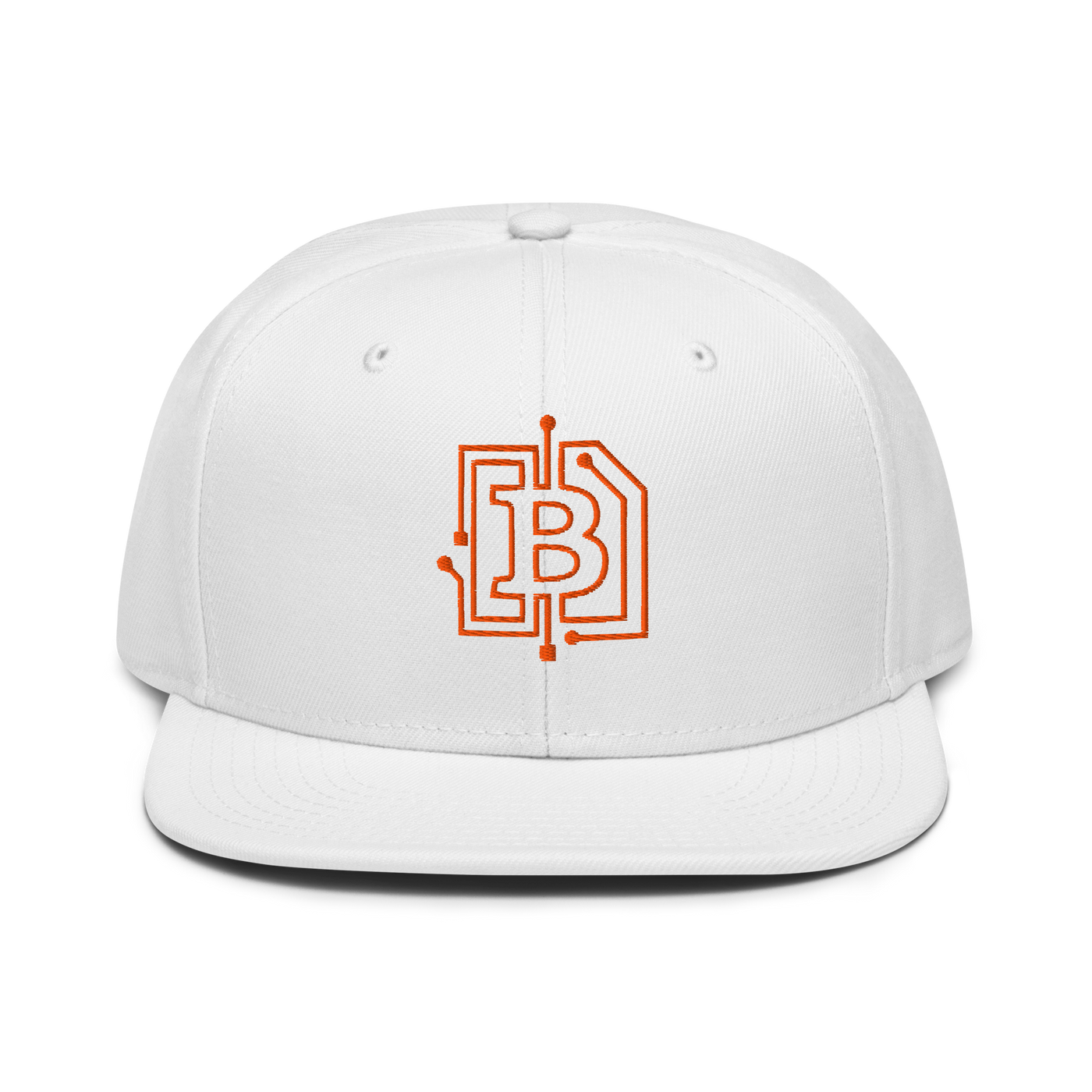 Circuit Board bitcoin snapback hat in White, front view.