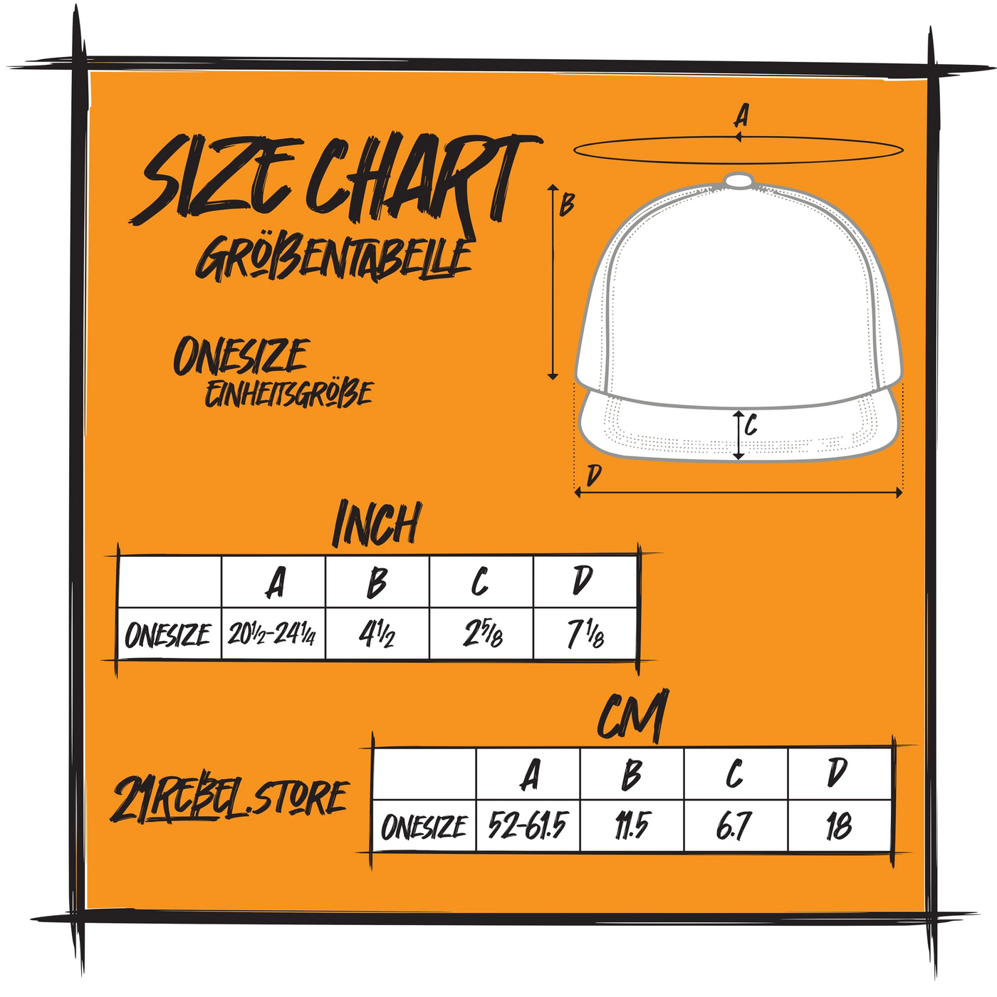 Size chart for the 21Rebel snapback cap, one size fits all. Head circumference 52 to 61.5 cm (20 1/2 to 24 1/4 in), crown height 11.5 cm, brim depth 6.7 cm, brim width 18 cm. Labelled in English and German.