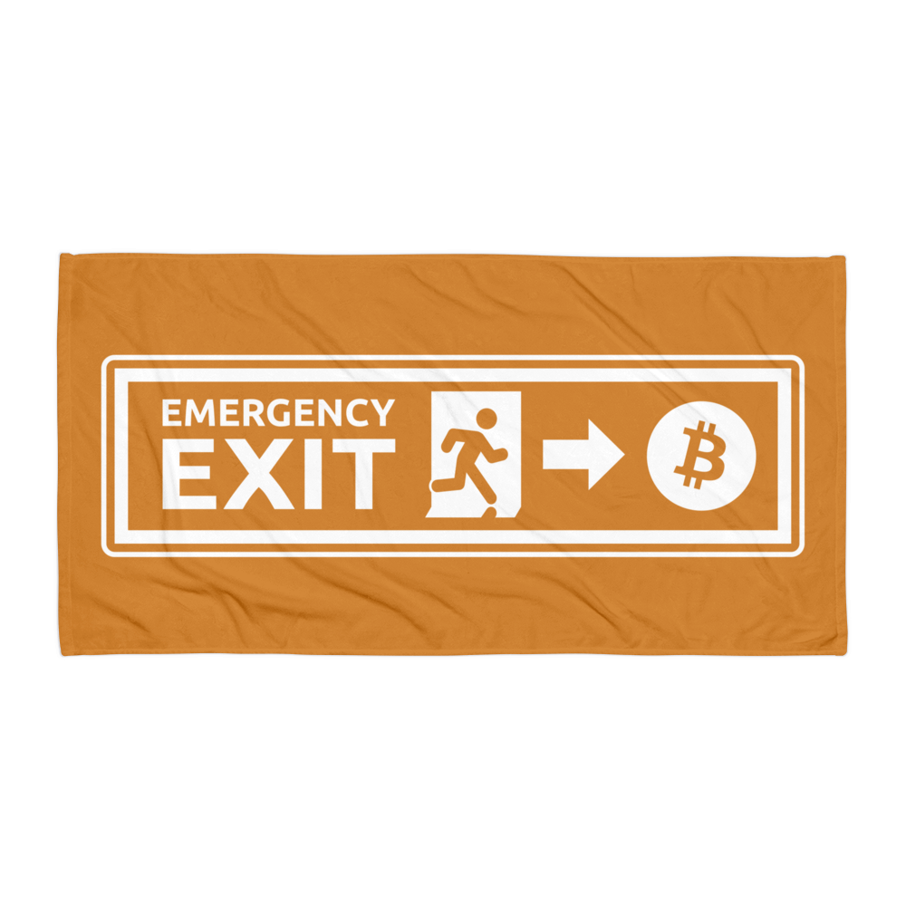 Front view of an orange emergency exit bitcoin towel.