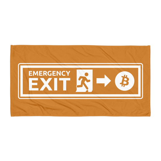 Front view of an orange emergency exit bitcoin towel.