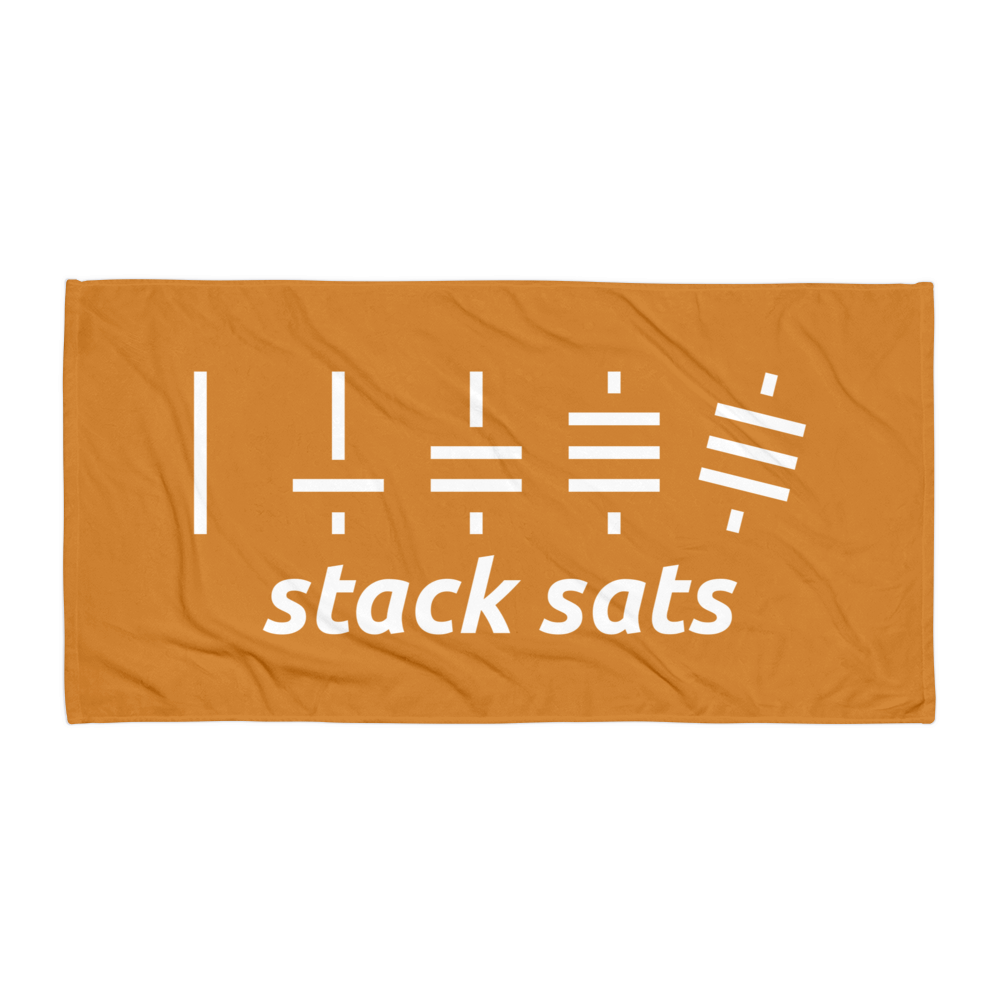 Front view of an orange stack sats bitcoin towel.