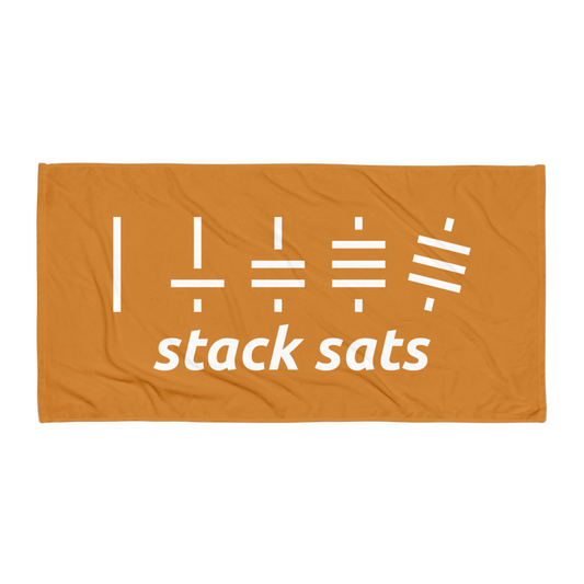 Front view of an orange stack sats bitcoin towel.