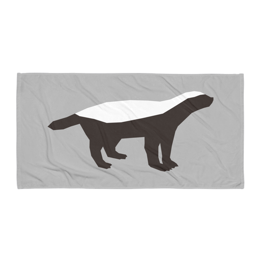 Front view of a silver honey badger bitcoin towel.