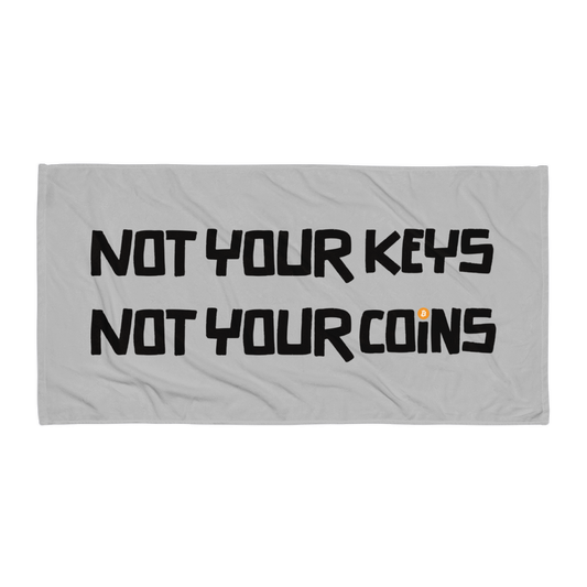 Front view of a silver not your keys not your coins bitcoin towel.