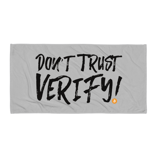 Front view of a silver don't trust verify bitcoin towel.