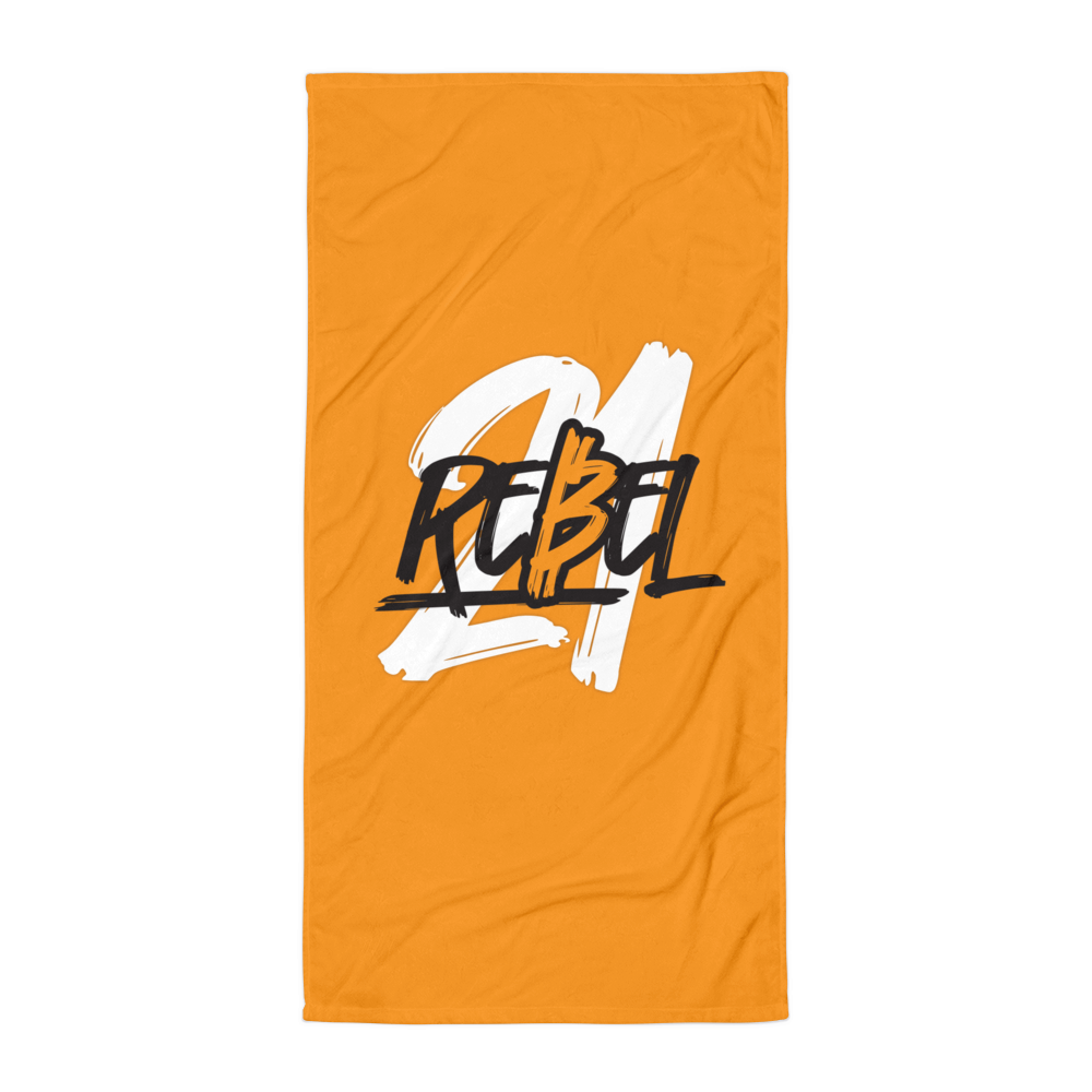 Front view of an orange 21 Rebel bitcoin towel.