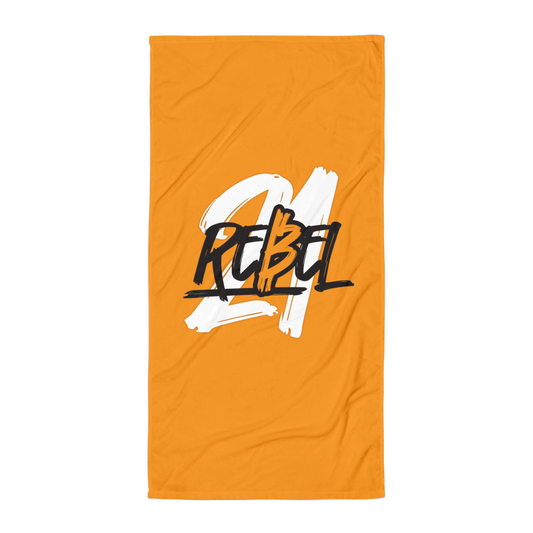 Front view of an orange 21 Rebel bitcoin towel.