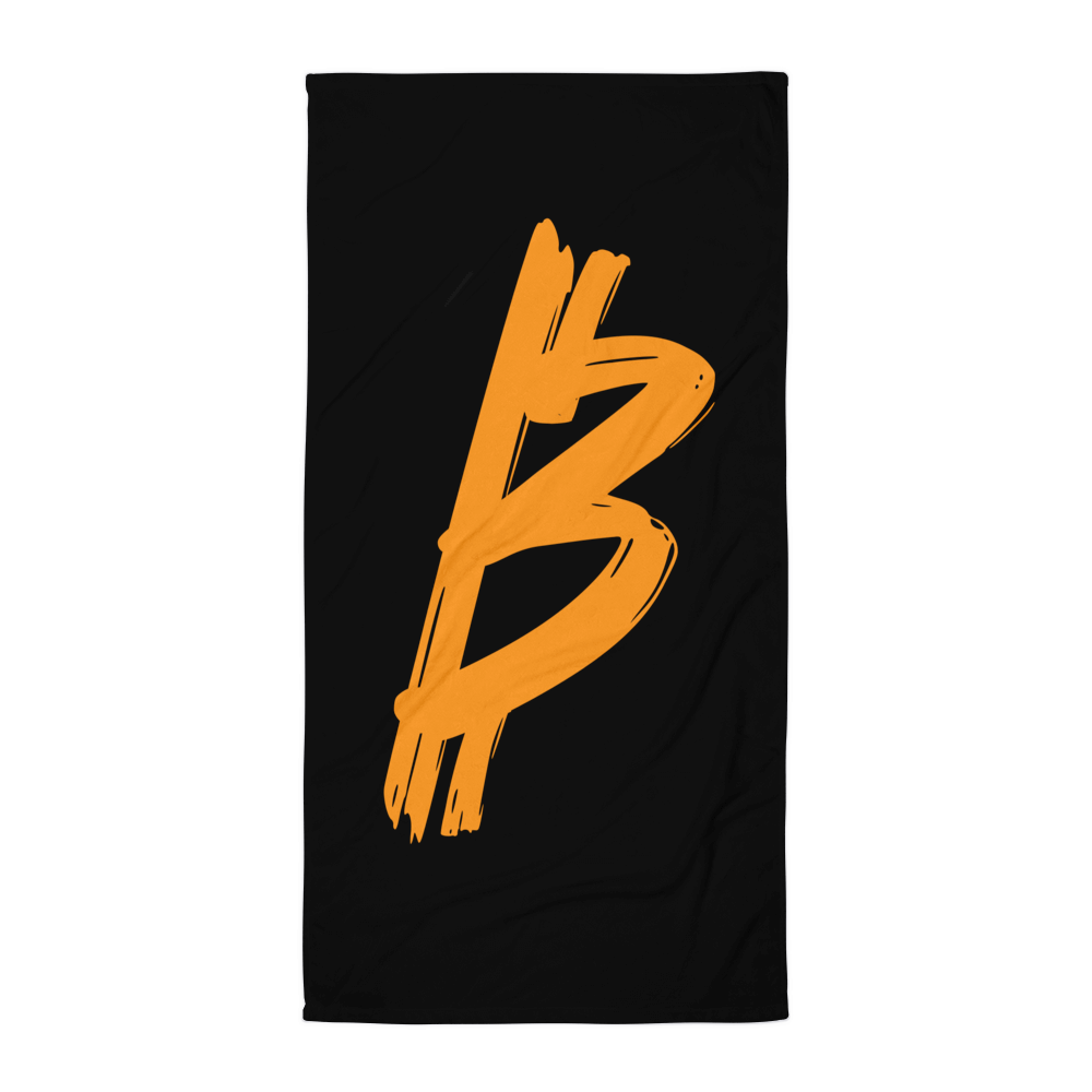 Front view of a black rebel b bitcoin towel.