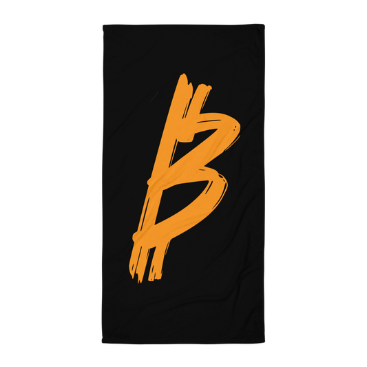 Front view of a black rebel b bitcoin towel.