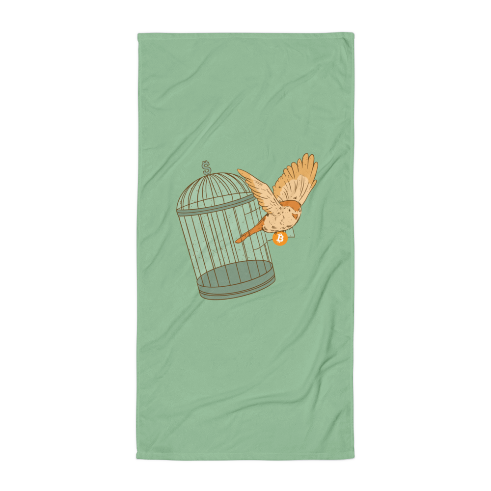 Front view of a green escape from fiat madness bitcoin towel.