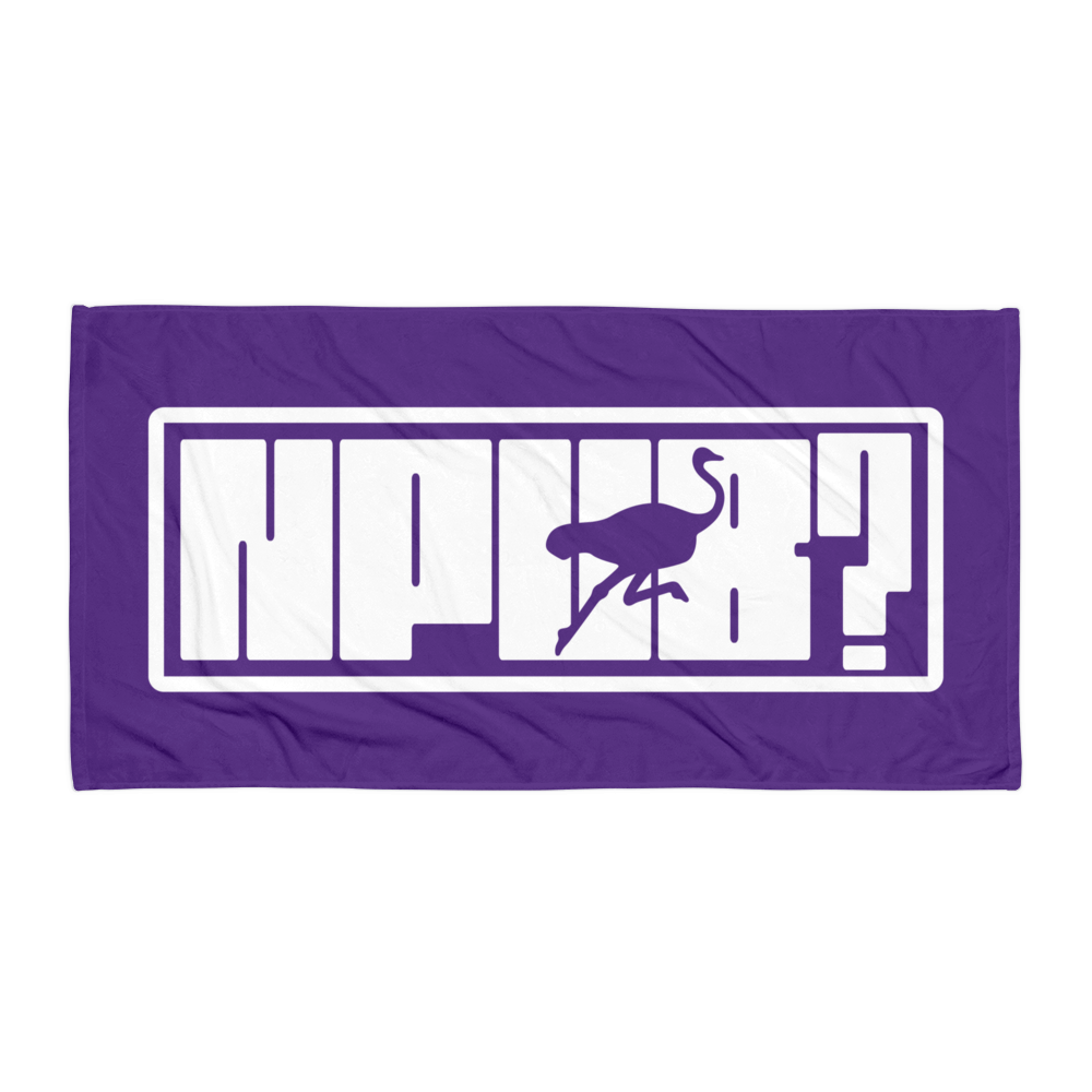 Front view of a purple nPub? nostr towel.