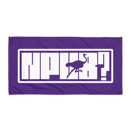 Front view of a purple nPub? nostr towel.