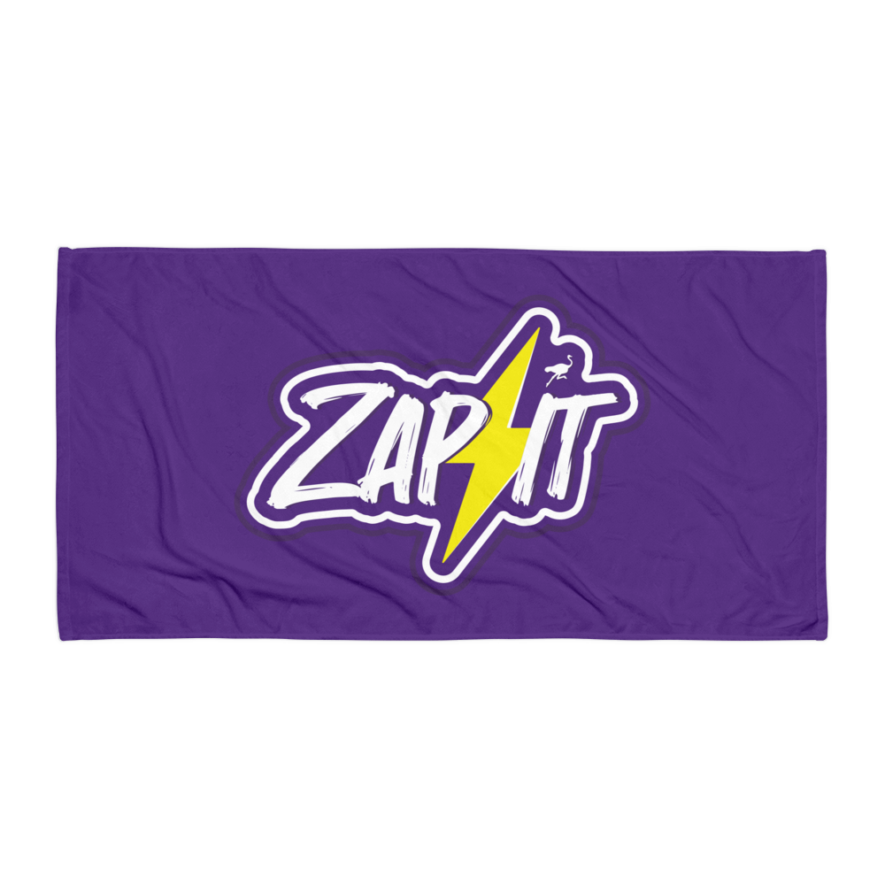 Front view of a purple zap it nostr towel.