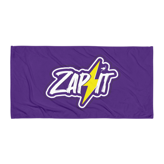 Front view of a purple zap it nostr towel.