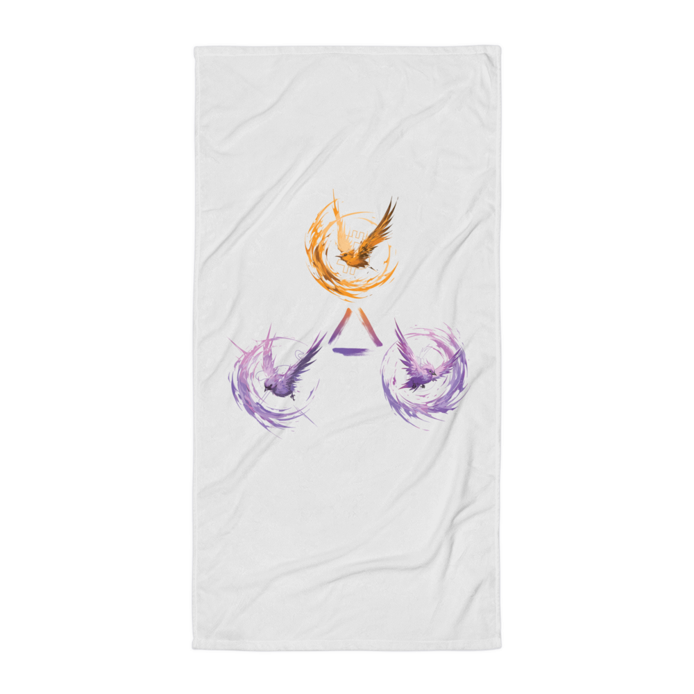 Front view of a white trinity of freedom bitcoin towel.