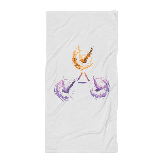 Front view of a white trinity of freedom bitcoin towel.