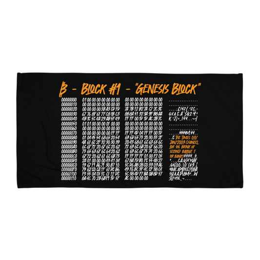 Front view of a black genesis block bitcoin towel.